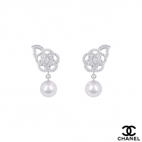 Chanel White Gold Diamond And Pearl Camelia Earrings